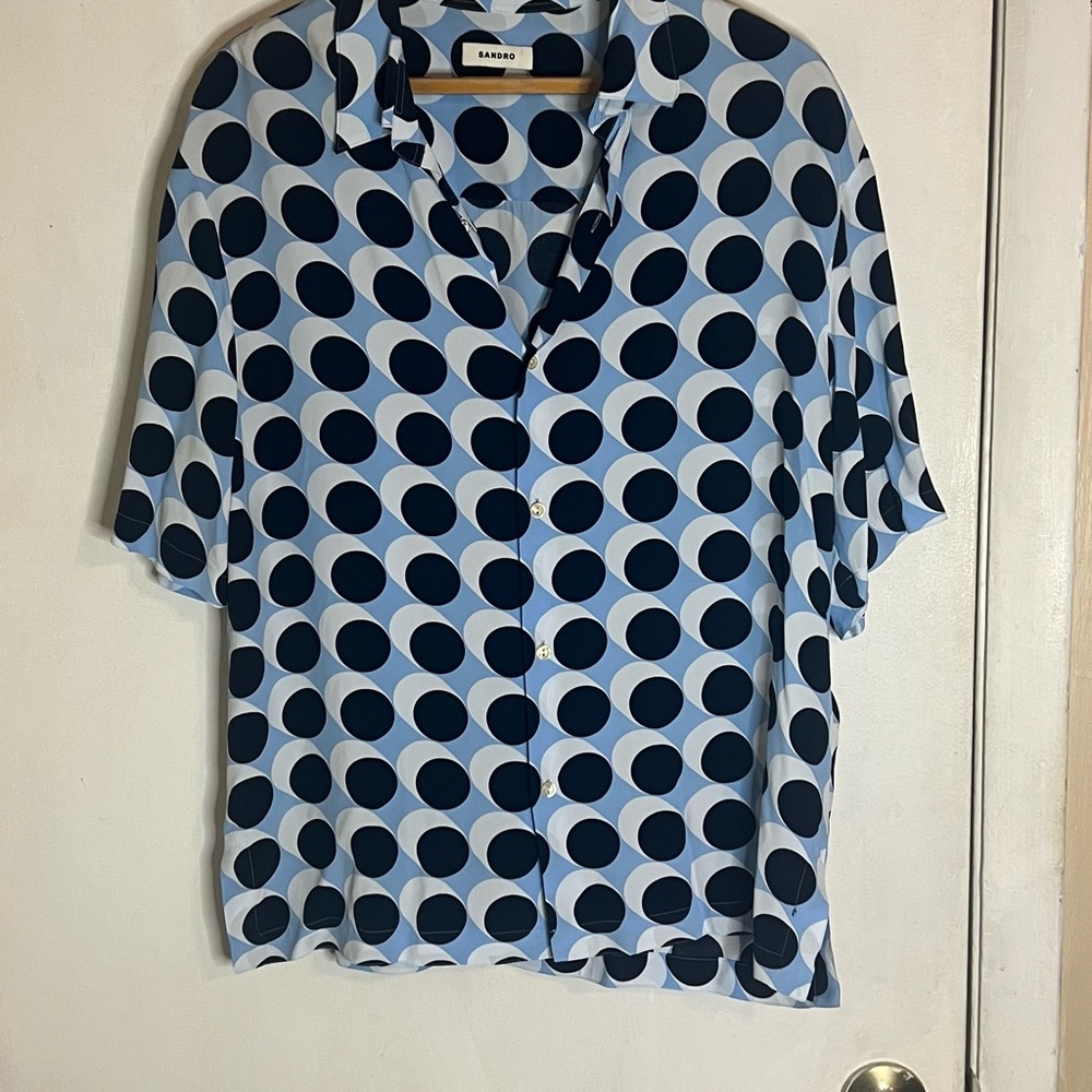 NWOT Sandro Light Blue Polka Dot Mens Viscose Short Sleeve Shirt Size M